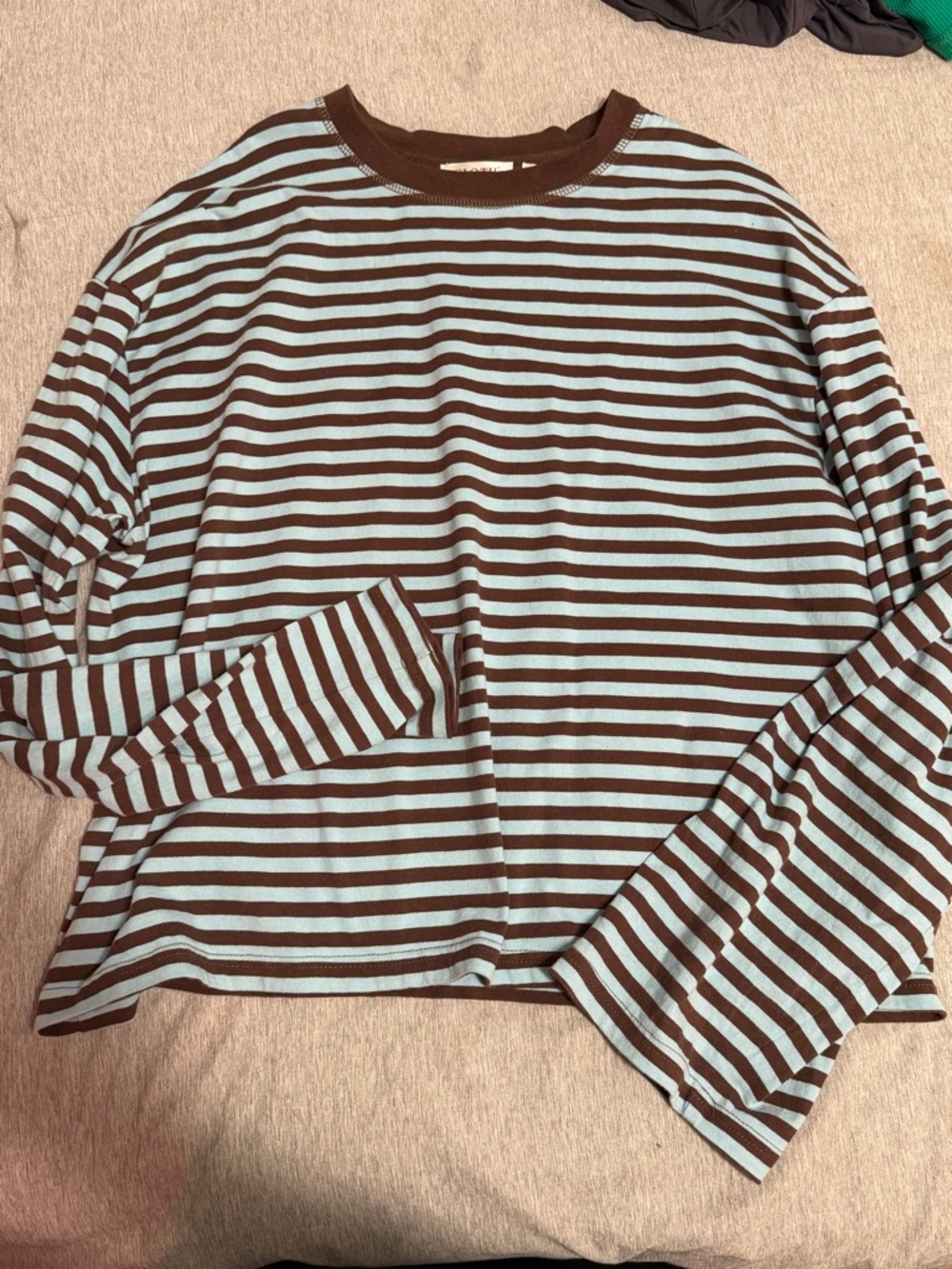 Striped Long-Sleeve Crewneck Top in Brown and Light Blue